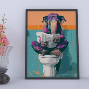 Elephant on the Commode Wall Art – Quirky Animal Reading Newspaper Print