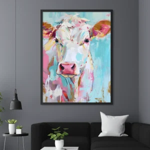 Colourful Cow Oil Painting – Vibrant Farmhouse Wall Art