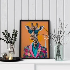 Giraffe with Floral Jacket Wall Art – Modern Animal Fashion Print